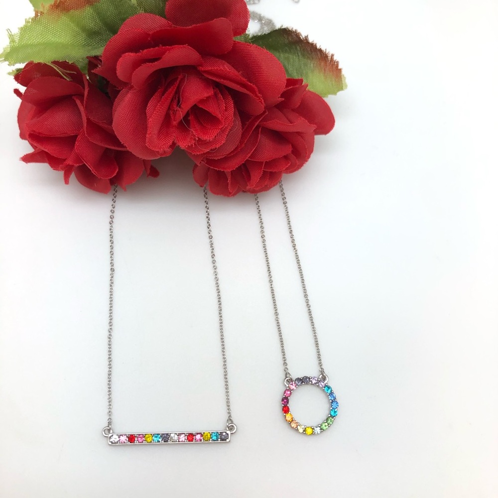 Silver Rainbow CZ Friendship Bar or Circle Necklace NWT, Ships in Gift Box